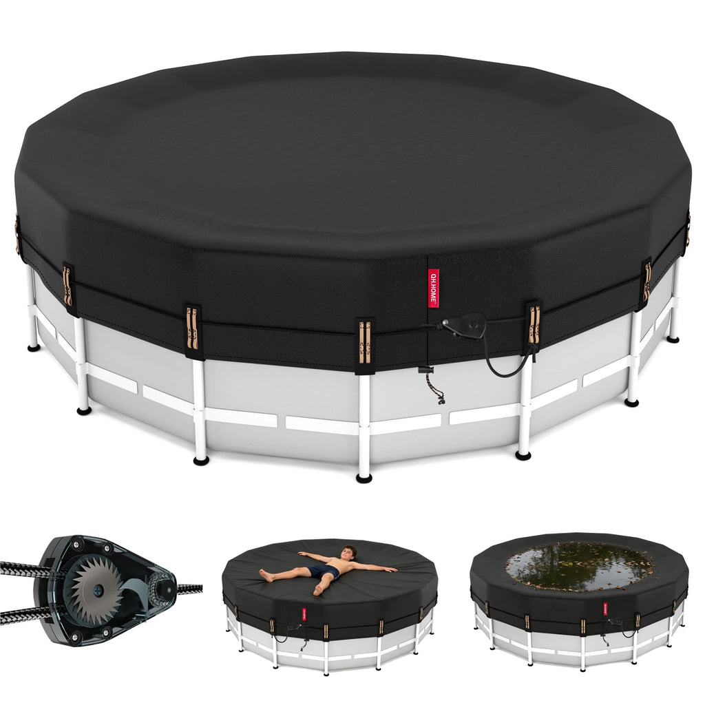 QH.HOME 22 Ft Round Pool Cover with Fast Tightening Patented Ratchet,Heavy Duty Winter Pool Cover for Above Ground Pools [Durable, Tear Resistant],PU Tarp Snug Fit for UV Protected
