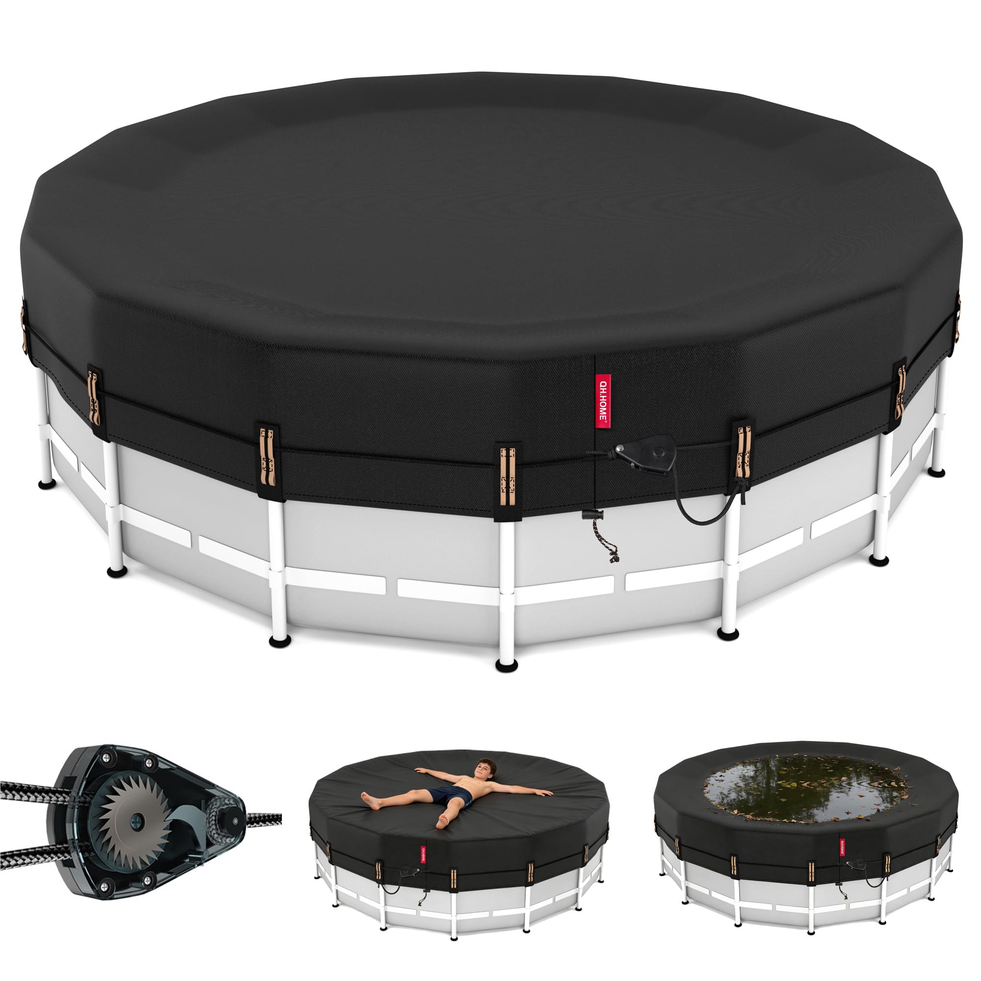 QH.HOME 22 Ft Round Pool Cover with Fast Tightening Patented Ratchet,Heavy Duty Winter Pool Cover for Above Ground Pools [Durable, Tear Resistant],PU Tarp Snug Fit for UV Protected