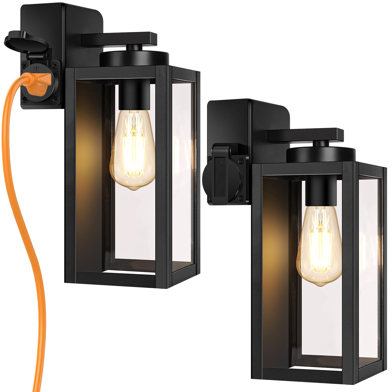 BesLowe 2-Pack Porch Lights Outdoor with UL Certified Outlet, Modern Outdoor Wall Lights Exterior Lighting Fixtures Waterproof, Exterior Wall Sconces Outside Lights for House Front Door Garage, Black