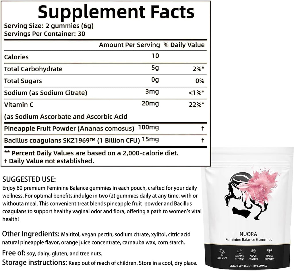 nuora Feminine Balance Gummies, Vegan Hawaiian Pineapple, pH Balance, Healthy Odor, Flora and Immune Support, Vaginal Health Support, 60 Count