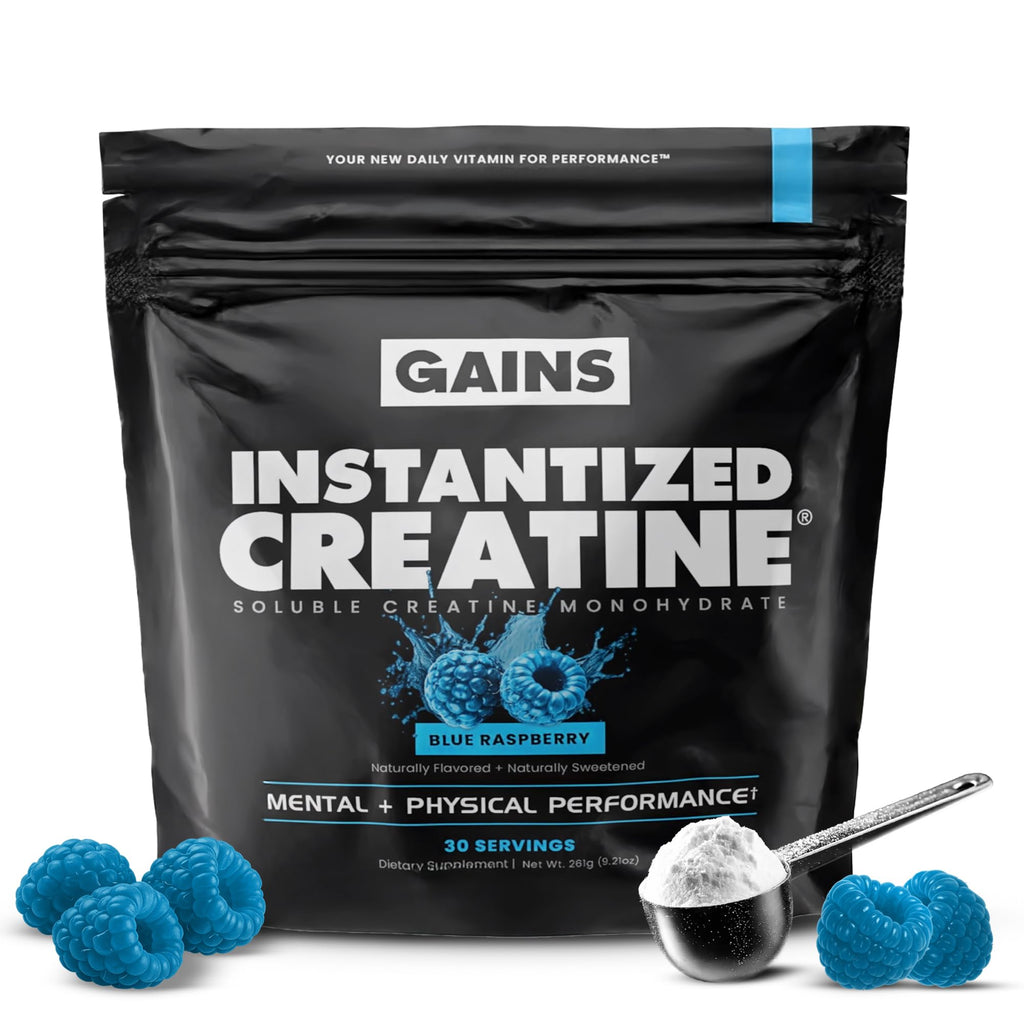 Gains in Bulk Instantized Creatine Monohydrate for Women and Men, Soluble Pre Workout Powder, Supports Muscle Building, Strength and Performance, Bodybuilding Supplements, Blue Raspberry, 30 Servings