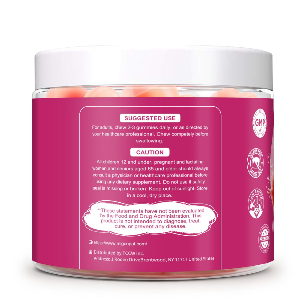 Migcopat 10G Fiber Gummies, with Collagen Peptides, Hyaluronic Acid, Vitamin C, ACV & 30 Billion CFU Probiotics – Sugar Free Collagen Gummies for Skin, Hair & Nails – Digestive Support – 120 Cts