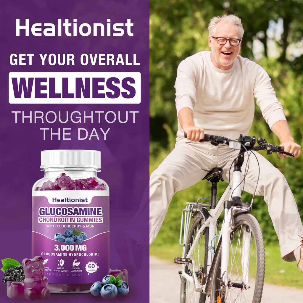 Healtionist 2 Packs 3000mg Glucosamine Chondroitin Gummies with MSM & Elderberry - Extra Strength Joint Health, Flexibility, Antioxidant Immune Support Supplement Gummy for Adults, Men & Women 120 Cts