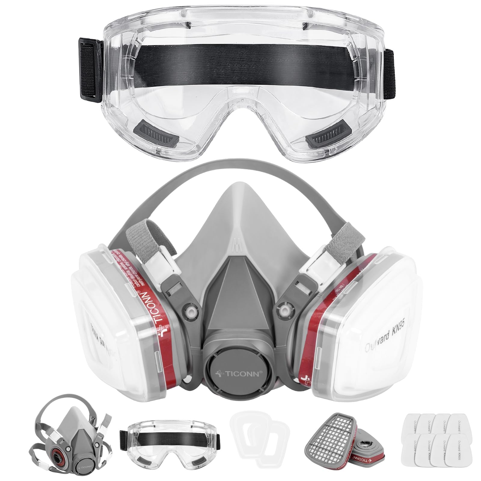 TICONN Reusable Respirator Mask with Filters, Gas Mask with Anti Fog Safety Glasses, Anti-Dust Half Face Cover Respirator