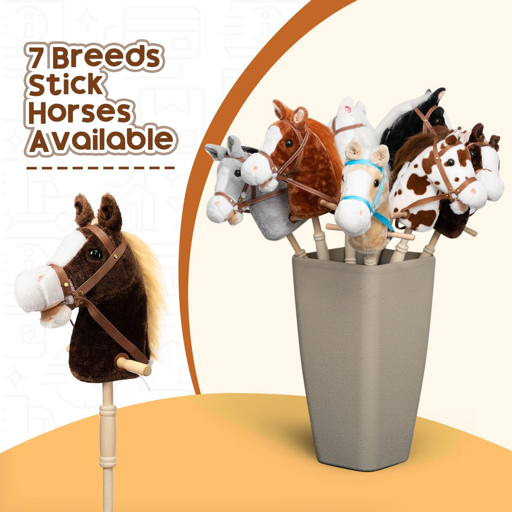 HollyHOME Stick Horse Plush Handcrafted Hobby Horse on a Stick with Wood Wheels Real Pony Neighing and Galloping Sounds for Kids Toddlers Chocolate 36 Inches(AA Batteries Required)