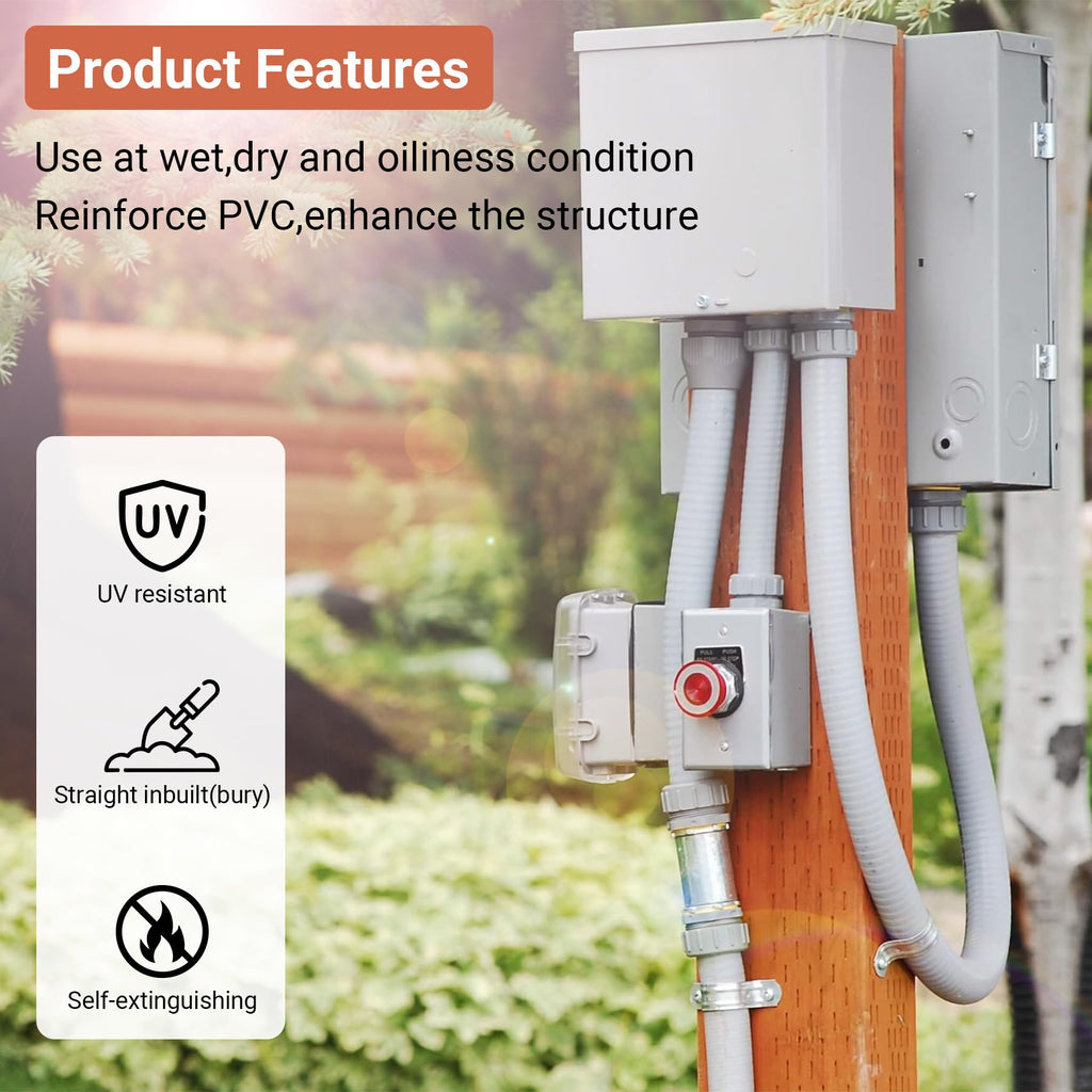 Neorexon Liquid-Tight Conduit 50 ft and 10 Pieces of Connector Kit, Electrical Conduit 1/2 50ft w/UL Certification, Flexible Conduit with 5 Straight and 5 90-Degree Conduit Connector Fittings