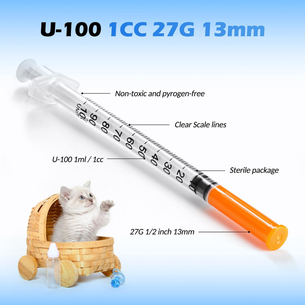 Syringes 1ml 27 Gauge 1/2 inch U-100 27G 1cc 13mm Lab Syringe, Pack of 20