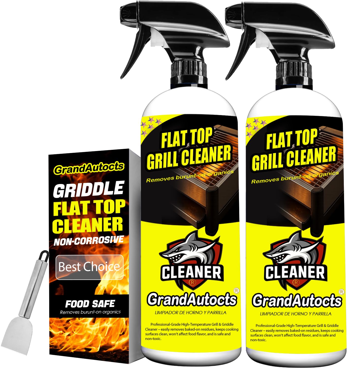 GrandAutocts Flat Top Grill Cleaner Kit， Grill & Griddle Cleaner - Non-Toxic Food Safe & Non-Caustic Formula, Removes Burnt-On Grease/Carbon (2 Pcs + Cleaning Tools)