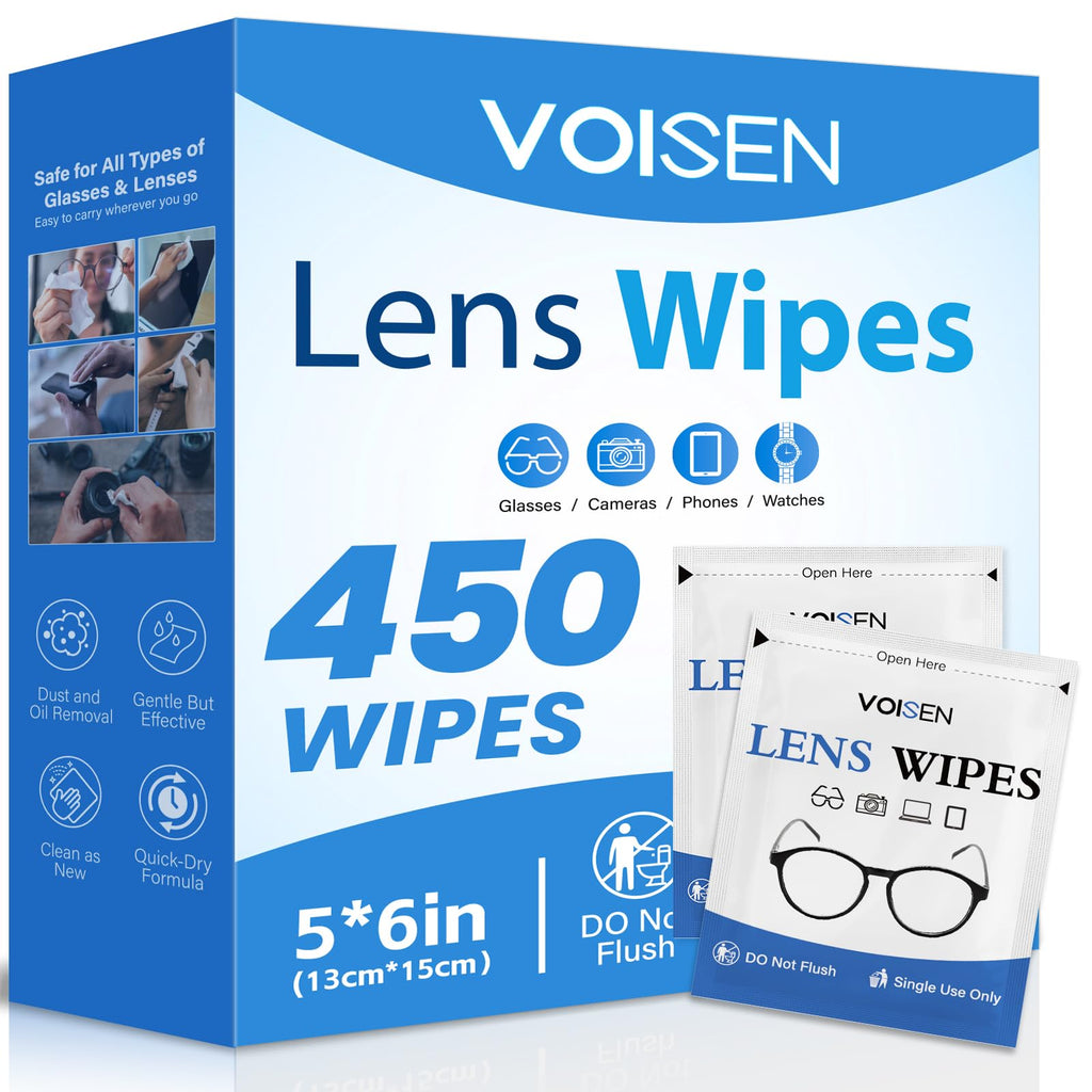 VOISEN Lens Wipes for Eyeglasses,450 Pack Eye Glasses Cleaner Wipes,Pre-Moistened Individually Wrapped Lens Wipes,Non-Scratching Non-Streaking,Safe for Eyeglasses, Goggles, Camera Lens, Phone