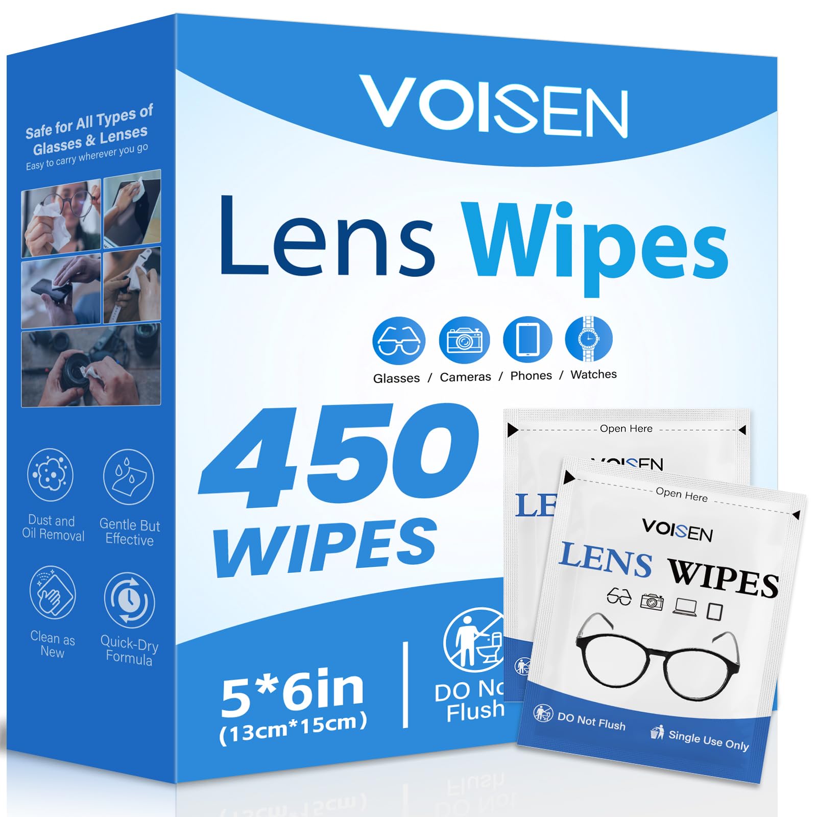 VOISEN Lens Wipes for Eyeglasses,450 Pack Eye Glasses Cleaner Wipes,Pre-Moistened Individually Wrapped Lens Wipes,Non-Scratching Non-Streaking,Safe for Eyeglasses, Goggles, Camera Lens, Phone