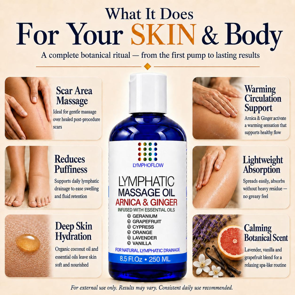 Lymphatic Drainage Massage Oil for Massage Therapy- Warming Arnica & Ginger | Surgeon-Developed Formula | Post Surgery Recovery, BBL, Liposuction, 360 Lipo, Tummy Tuck, Fibrosis | Made in USA | 8.5 Oz