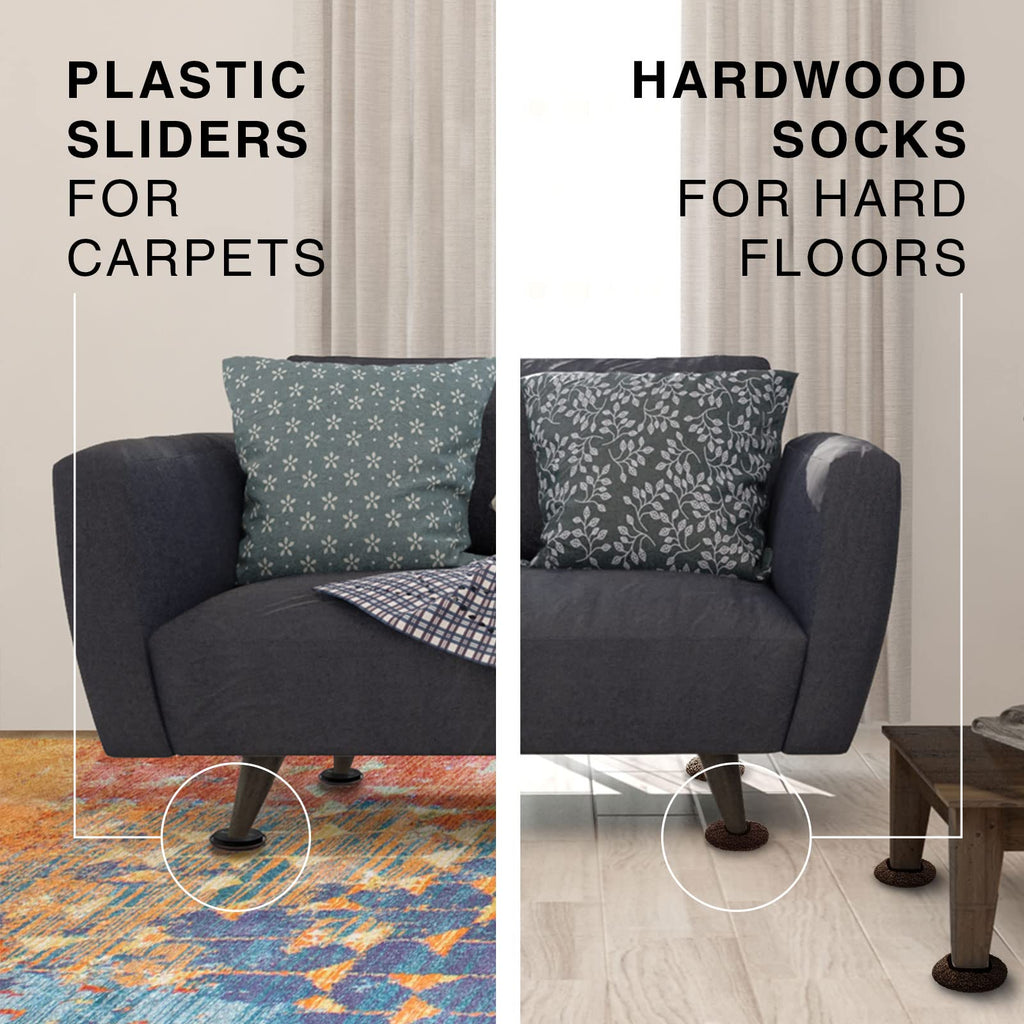Furniture Sliders X-PROTECTOR - 4+4 Pack 5” - Brown Multi-Surface Furniture Sliders for Carpet & Hard Floors - 4 Furniture Movers for Carpeted Floors and 4 Hardwood Socks - Move Furniture Easily!