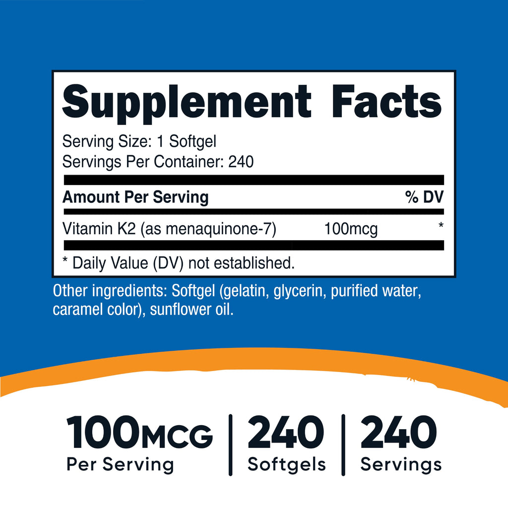 Nutricost Vitamin K2 MK-7 100 mcg, 240 Softgels, Gluten Free, GMO-Free