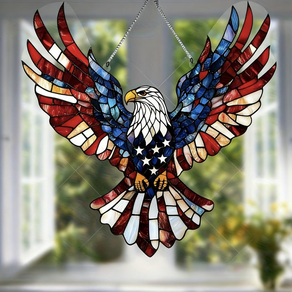 4th of July Sun Catcher for Window Hanging with Eagle Designs Acrylic Stained Glass for Garden 250th Anniversary America Ornament Blue Red White Independence Day Party Decor