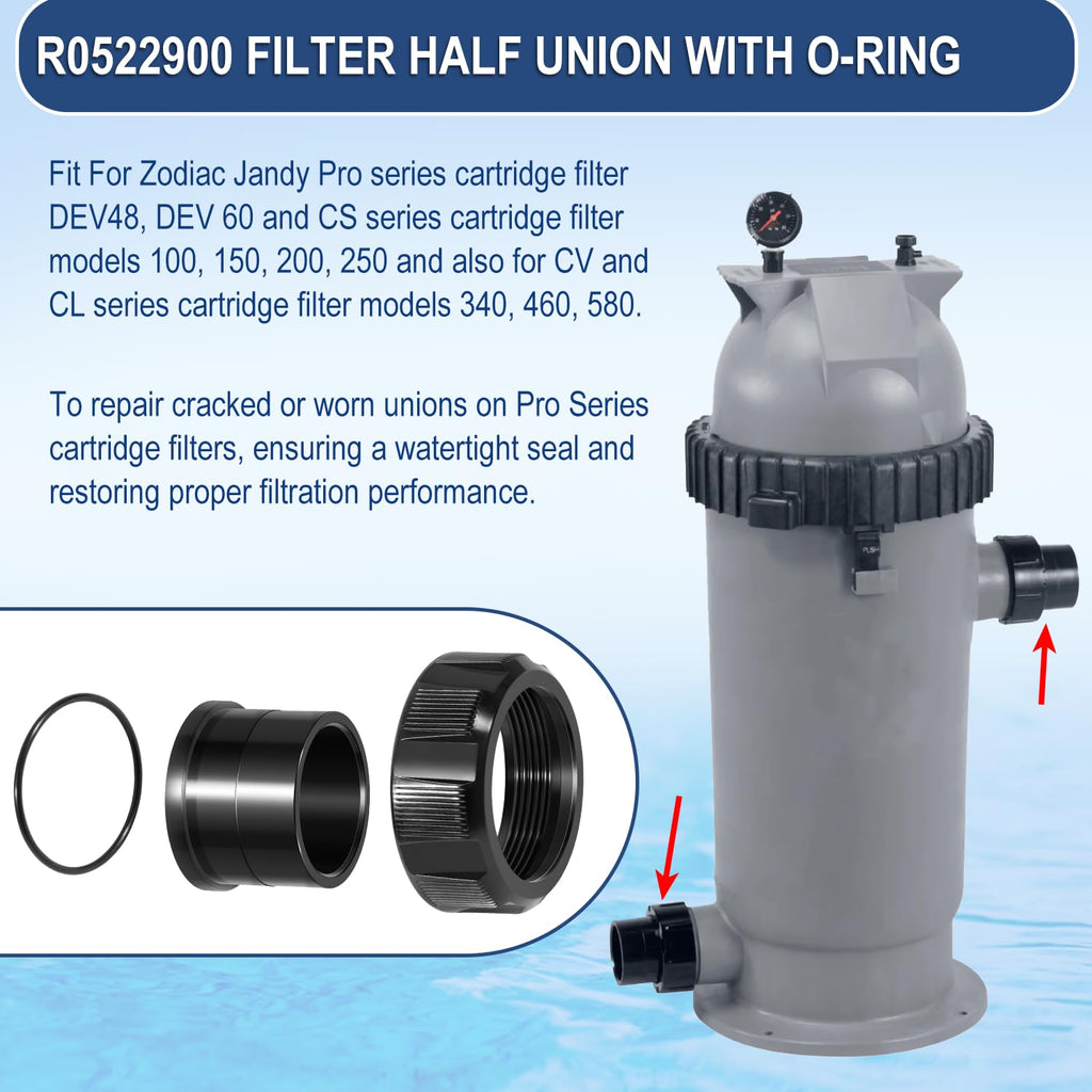 R0522900 Half Union Fitting with O-Ring Replacement Parts Fit for Zodiac Jandy Pro Series Cartridge Filters CL, CS, CV, DE, and for Jandy JXI Pool and Spa Heaters