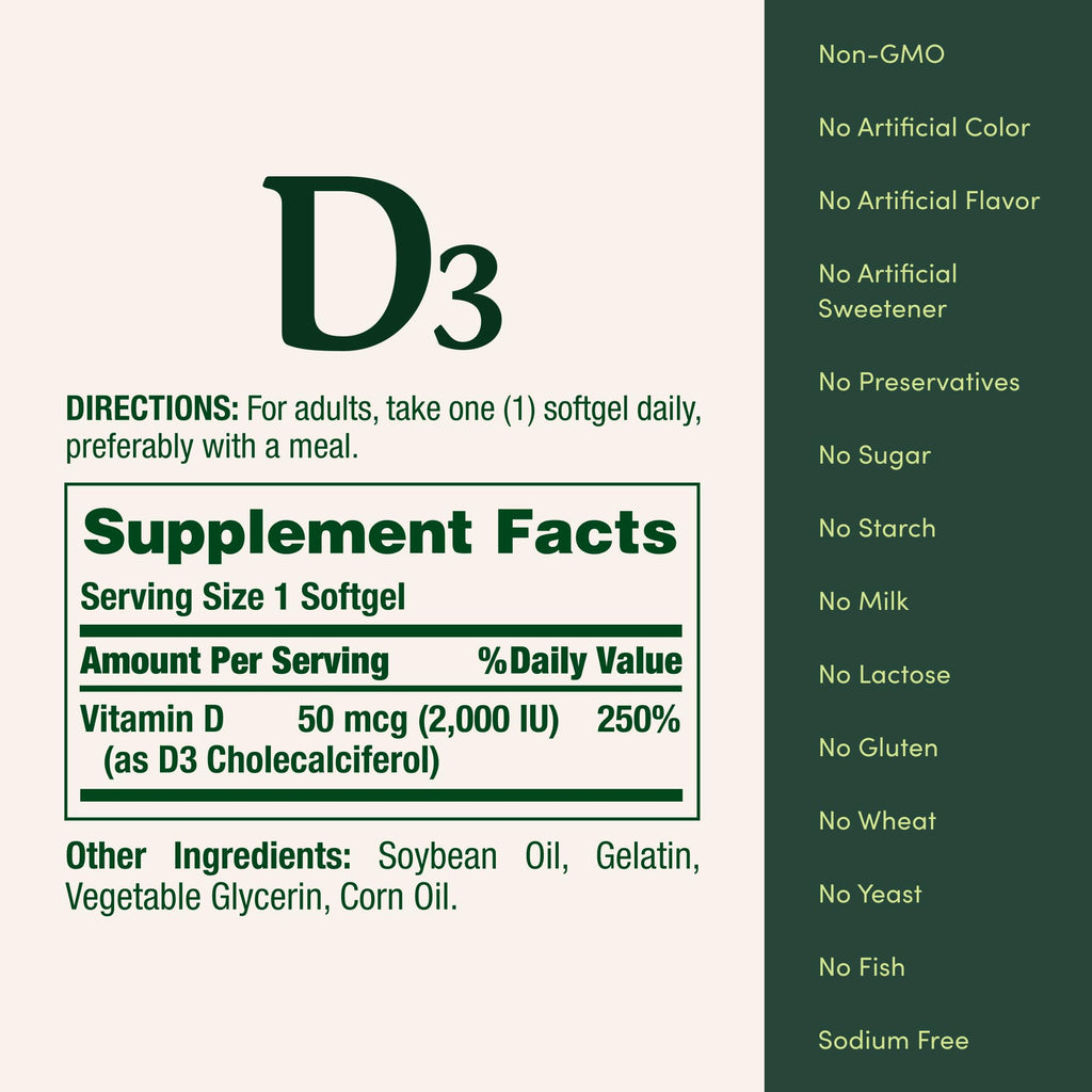 Nature's Bounty Vitamin D3 2000 IU, Immune and Bone Support, Vitamin Supplement, 1 Per Day, 240 Rapid Release Softgels (Pack of 2)