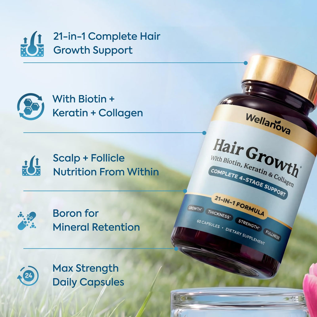 Wellanova Women's Hair Growth Supplement – Biotin 10,000mcg with Keratin, Collagen & Ashwagandha – 21-in-1 Hair Vitamins for Women & Men – Thickness, Strength & Fullness – 60 Capsules