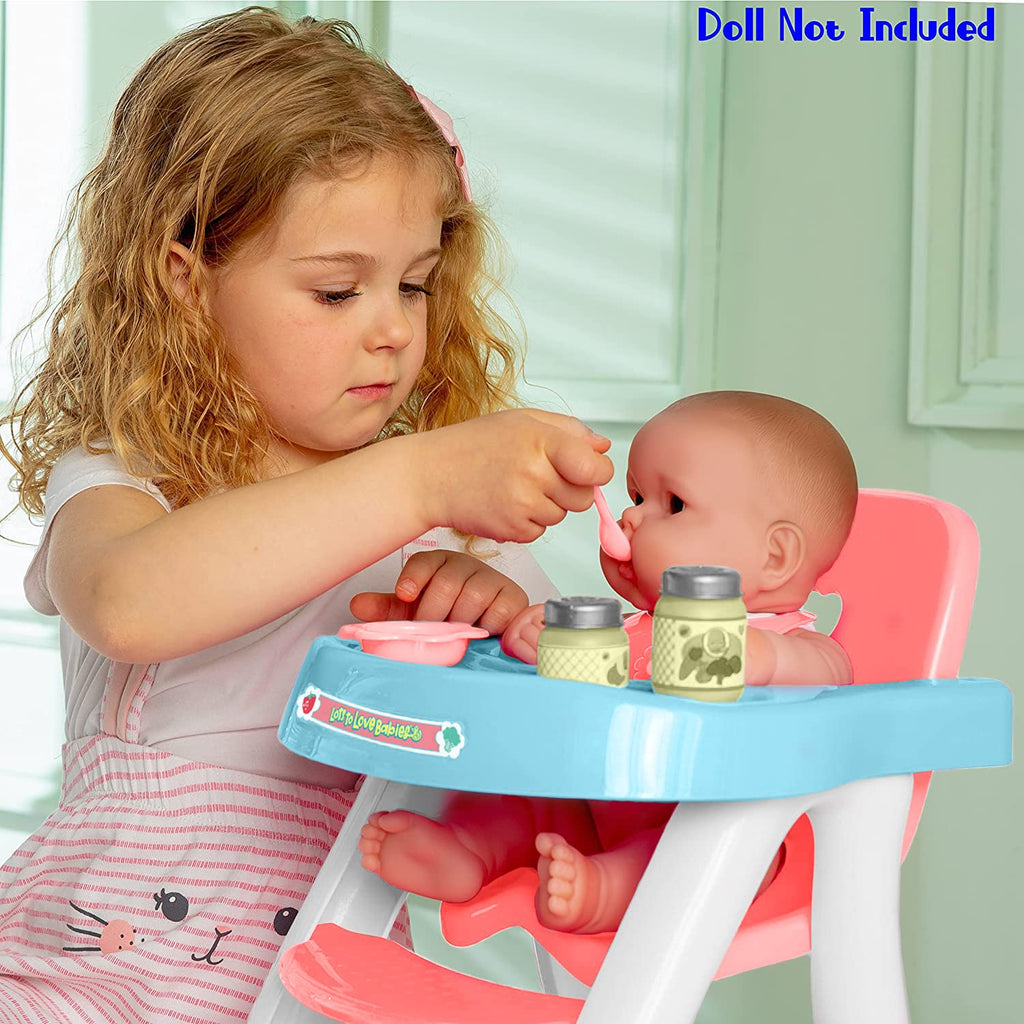 JC Toys - Doll High Chair | Fits Dolls up to 17" | Easy to Clean | Simple Assembly | 7 Piece Play Set| Ages 2+, Pink/Blue