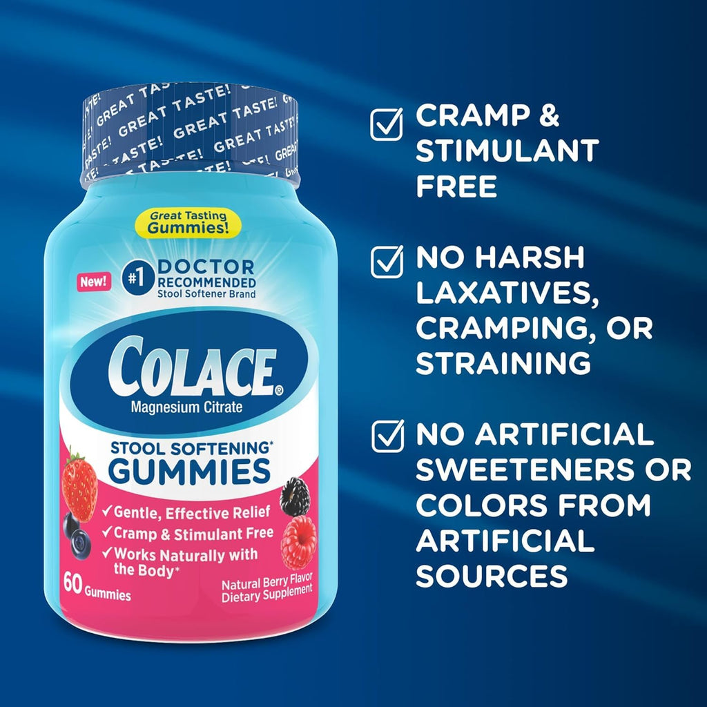 Colace Stool Softener Gummies, Gentle Dependable Constipation Relief Magnesium Citrate Gummies, No.1 Doctor Recommended Stool Softener Brand, Berry Flavored 60ct (Pack of 2)
