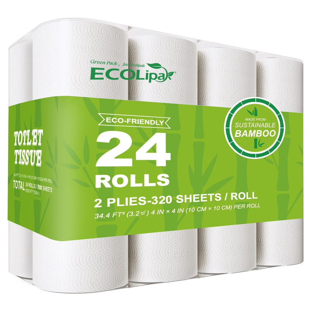 ECOLipak Bamboo Toilet Paper 2 Ply, 24 Double Rolls, 320 Sheets, White