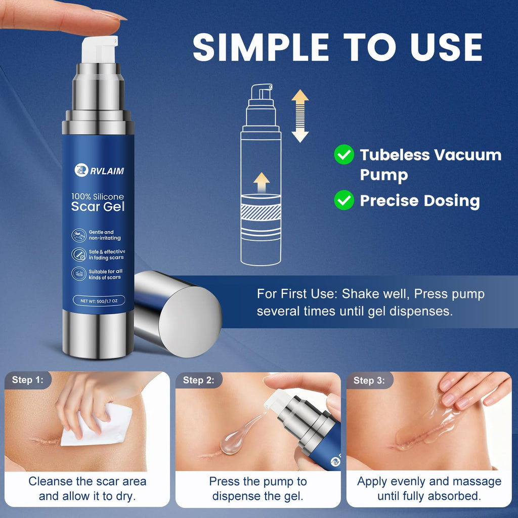 Rvlaim 100% Silicone Scar Gel Scar Cream, Advanced Silicone Gel for Removal of Surgical, Burns, Acne Scar, Old and Recent Scars and Stretch Marks, 1.7 oz/50ml