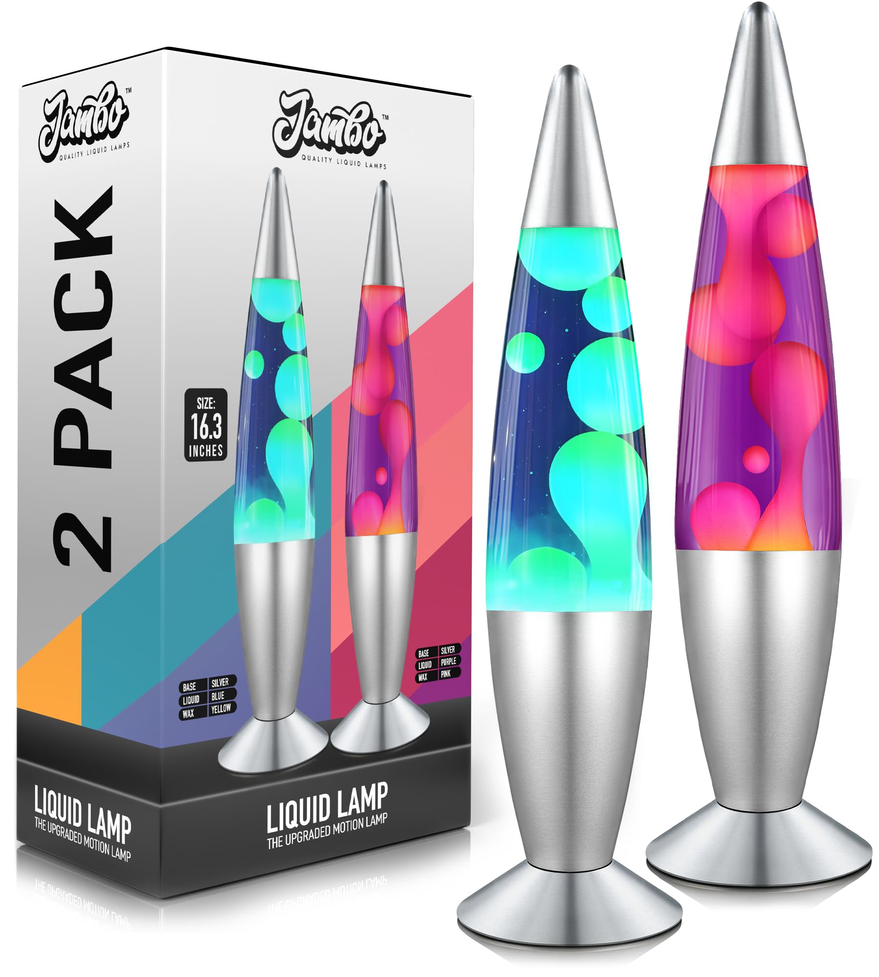 JAMBO 2 Pack- 16" Beautiful Lamp- Blue with Yellow/Green Wax and Purple with Pink Wax, Relaxing Liquid Lamp, Night Light Nightlight, Lamps for Adults Teens Kid