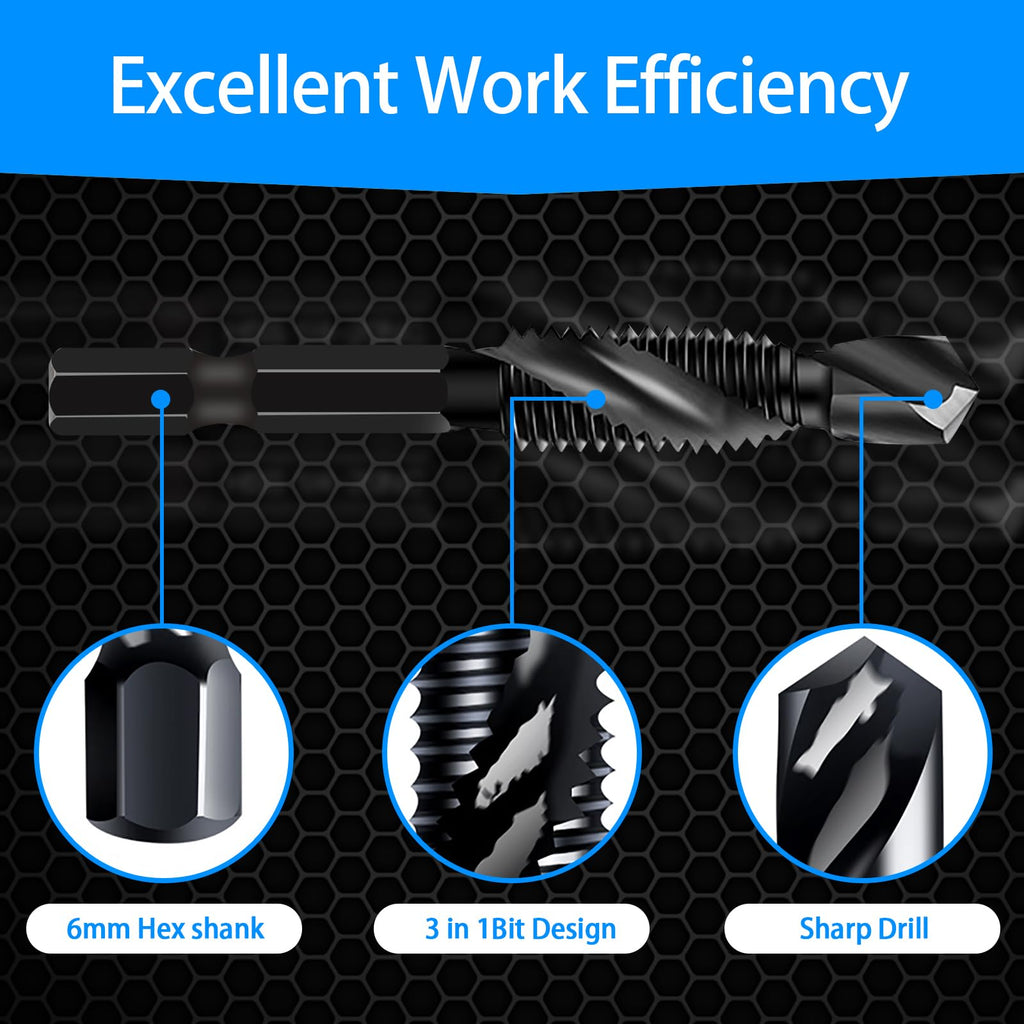 DKIBBITH 6 Packs M6 Combination Drill & Taps Bit Set, Screw Threading Tapping Tools in Size M6*1.0 with Anti-Rust Black Coating, 1/4" Hex Shank and Storage Case