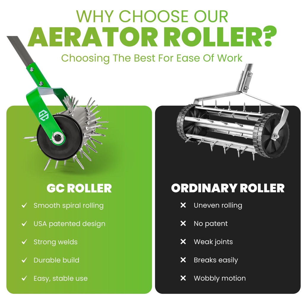 Manual Lawn Aerator Roller Tool, Heavy-Duty Rolling Lawn Aerator, 42 Pre-Attached Steel Spikes, 57 Inch Adjustable Height, Fillable Weighted Drum, 2 Inch Soil Penetrator for Lawn, Garden & Yard Care