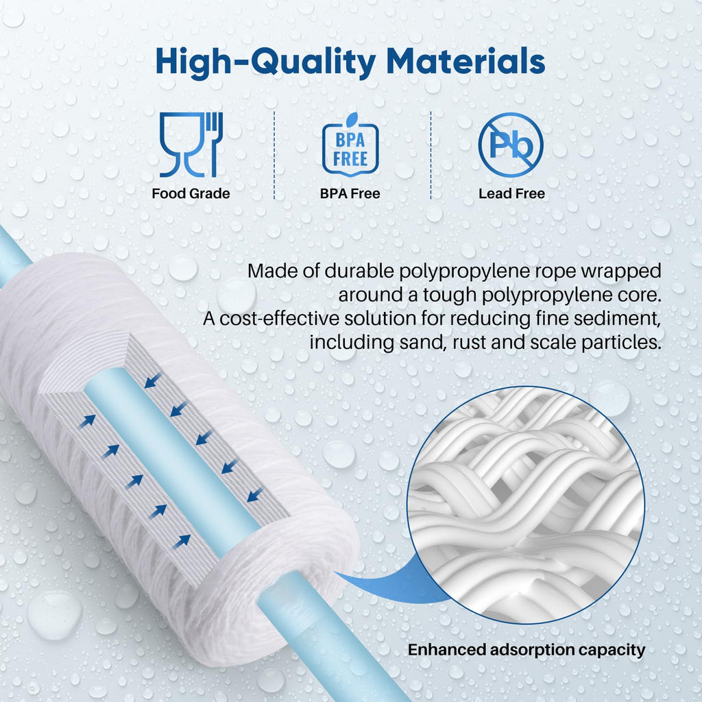 PUREPLUS 5 Micron 10 x 4.5 Whole House String Wound Sediment Filter for Well Water, Replacement Cartridge for 84637, WPX5BB97P, PC10, 355214-45, 355215-45, WP10BB97P, WP5BB97P, 4Pack
