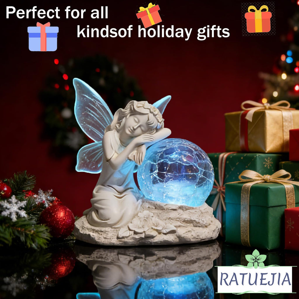 RATUEJIA Solar Fairy Garden Statue, Outdoor Waterproof Resin Fairy Figurine Lights with Cracked Glass Ball, Fairy Garden Decor for Yard Patio Lawn, Ideal Gift for Women & Garden Lovers