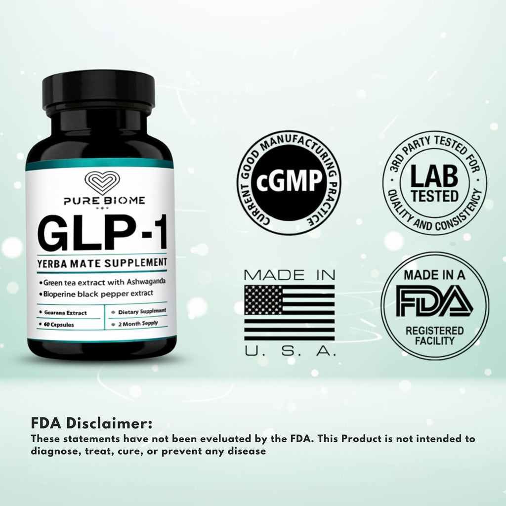 GLP-1 Yerba Mate, Guarana, Green Tea, Ashwaganda Supplement High Potency, 40mg Caffeine Per Capsule, Extract Pills Supplements for Clean Natural Energy