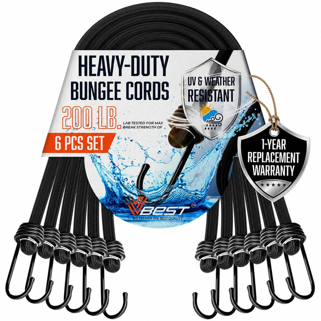 VBEST 6 Piece Strong Bungee Cords with Hooks 36 Inch - Heavy Duty Outdoor Black Bungy Straps with Metal Hooks - 3ftt Bungie Chords Set UV & Weather Resistant