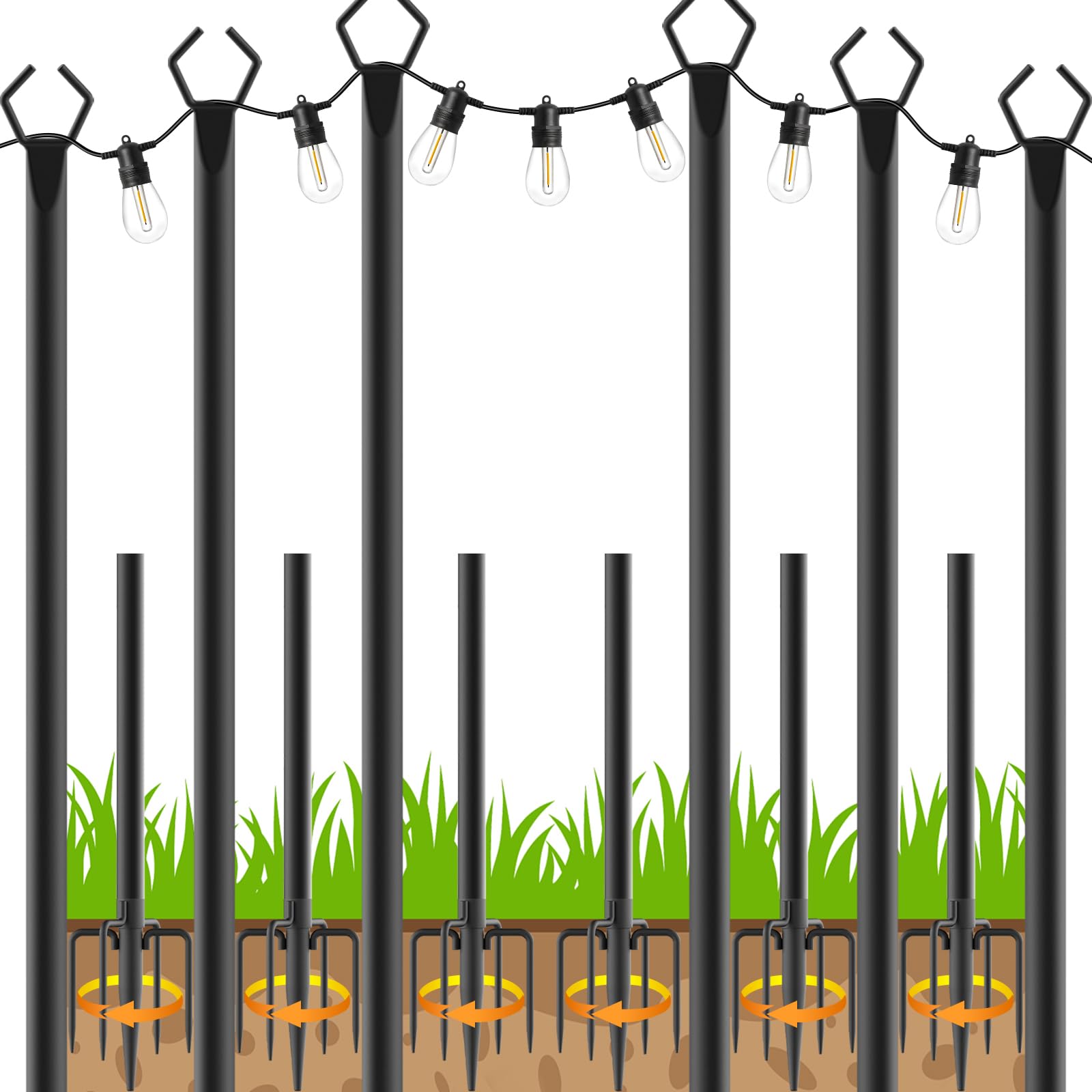LETIANPAI 10Ft String Light Poles 6 Pack,Light Poles for Outside Lights,Outdoor with Fence Brackets Hanging Lights,Metal Stand Deck Patio Backyard
