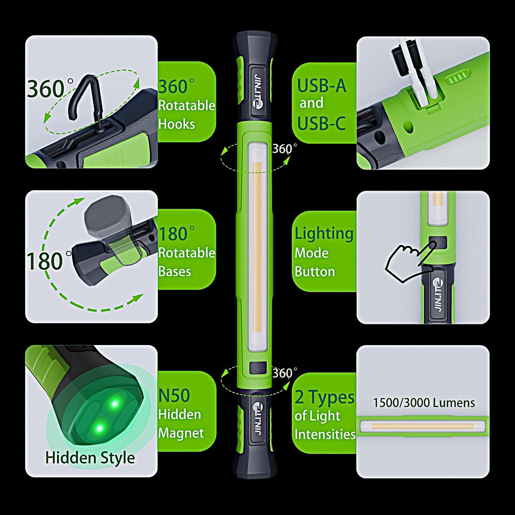 JINLITE Magnetic Work Light - 3000LM Rechargeable LED Work Light Bar, 5200mAh Under Hood Mechanic Light for Garage, Workshop, Vehicle Inspection (1 Pack Green)