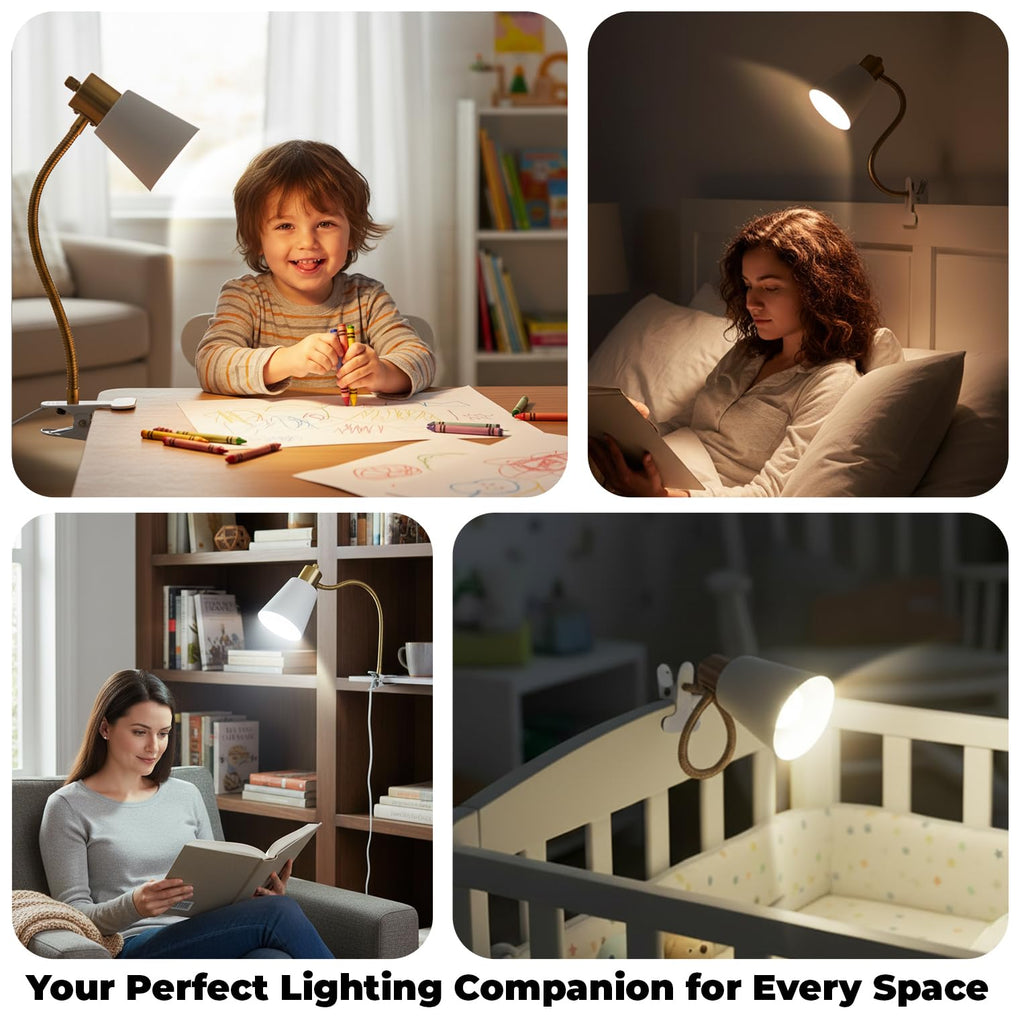 Desk lamp Eye-Caring Table Lamps, 360°Rotation Gooseneck Clip on Lamp Reading Light, Portable Reading Book Light, Clamp Light, Study Desk Lamps for Bedroom and Office Home Lighting (Black and White)