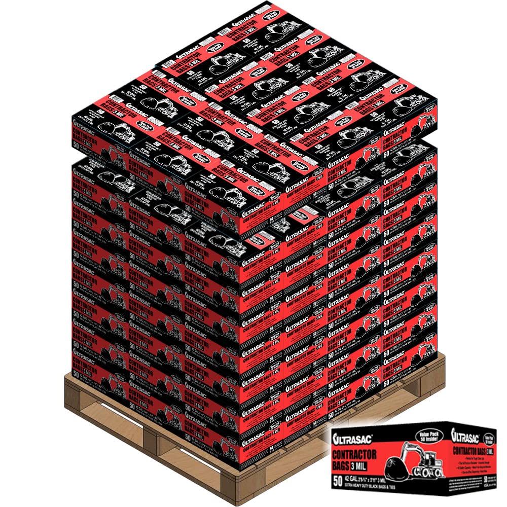 Ultrasac Contractor Bags, 42 Gallon, 32.75" X 47" - 3 MIL Thick Large Black Trashbags for Construction and Commercial use - (1 Pallet of 112 Cases, 5600 Bags Total), 50 Ct. (719963)