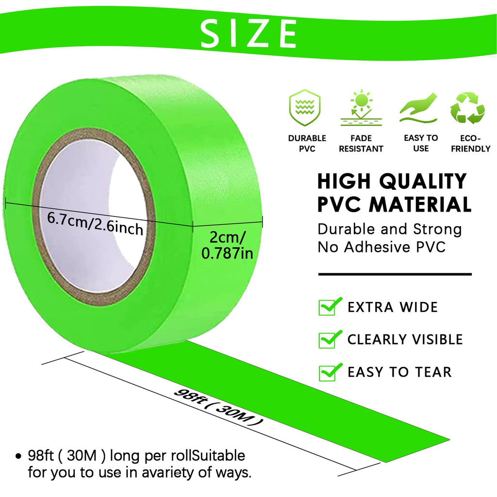 5 Pack Green Flagging Tape, Non-Adhesive Plastic Ribbon Neon Marking Roll