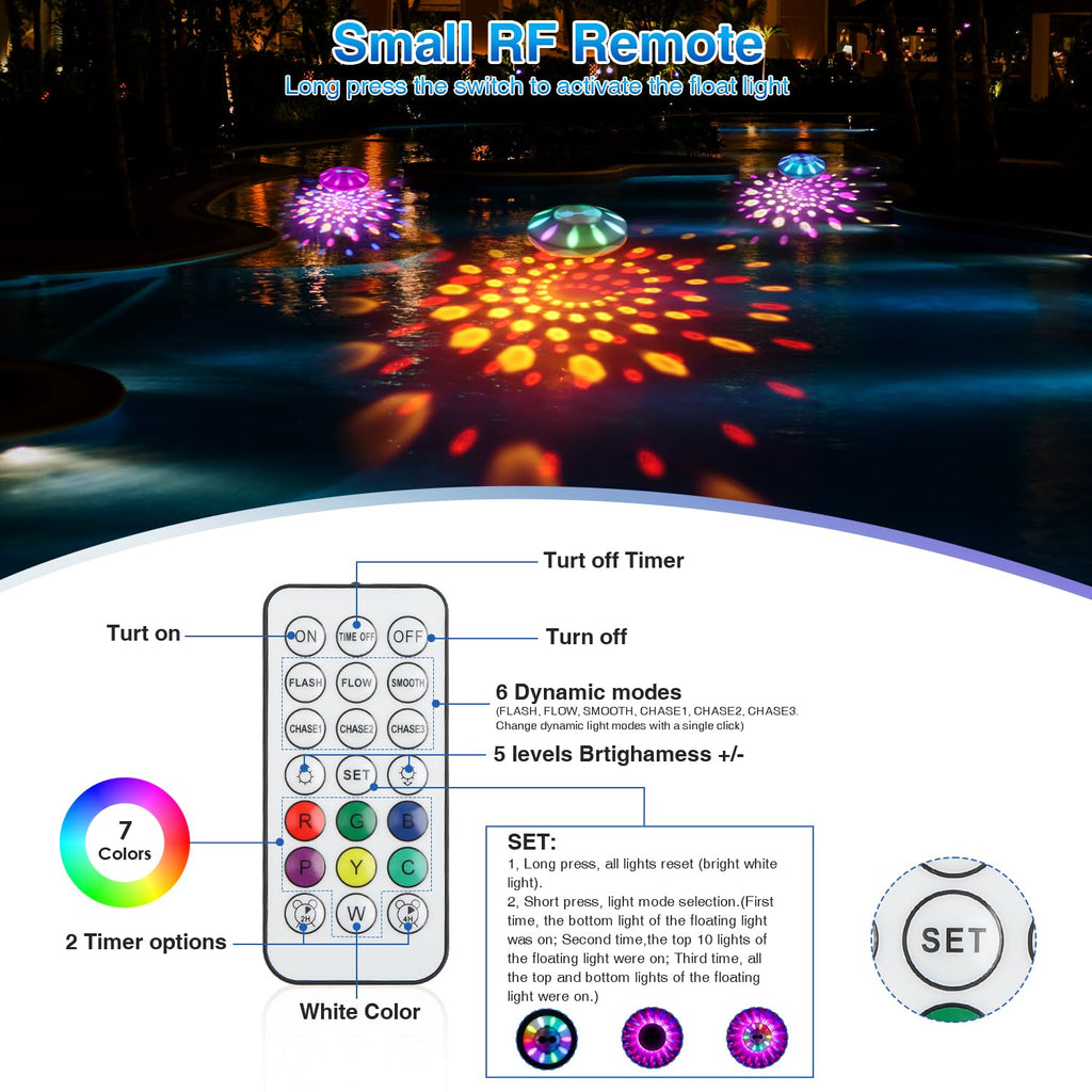 BOXPSII Floating Pool Lights(2 Pack), Pool Lights IP68 Waterproof, Rechargeable RGB Upper and Lower Color Changing Pool Floating Light with 6 Dynamic Lighting, Floating Light for Pool, Garden,Paths