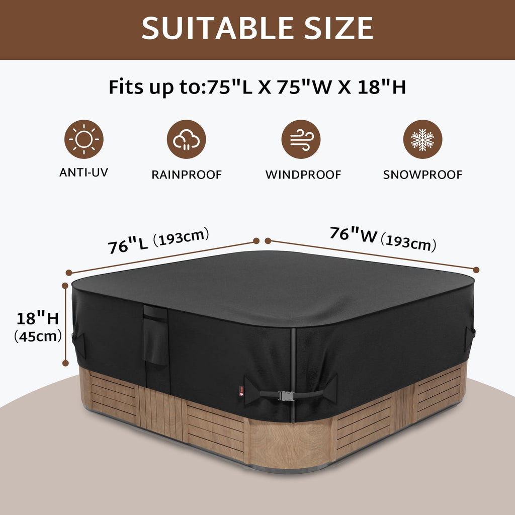 iBirdie Outdoor Waterproof and Weatherproof Hot Tub Cover 76 x 76 inch fit 75 x 75 or 74 x 74 or 73 x 73 or 6 ft x 6 ft Square SPA 600D Heavy Duty Protectors Protective Cover Cap
