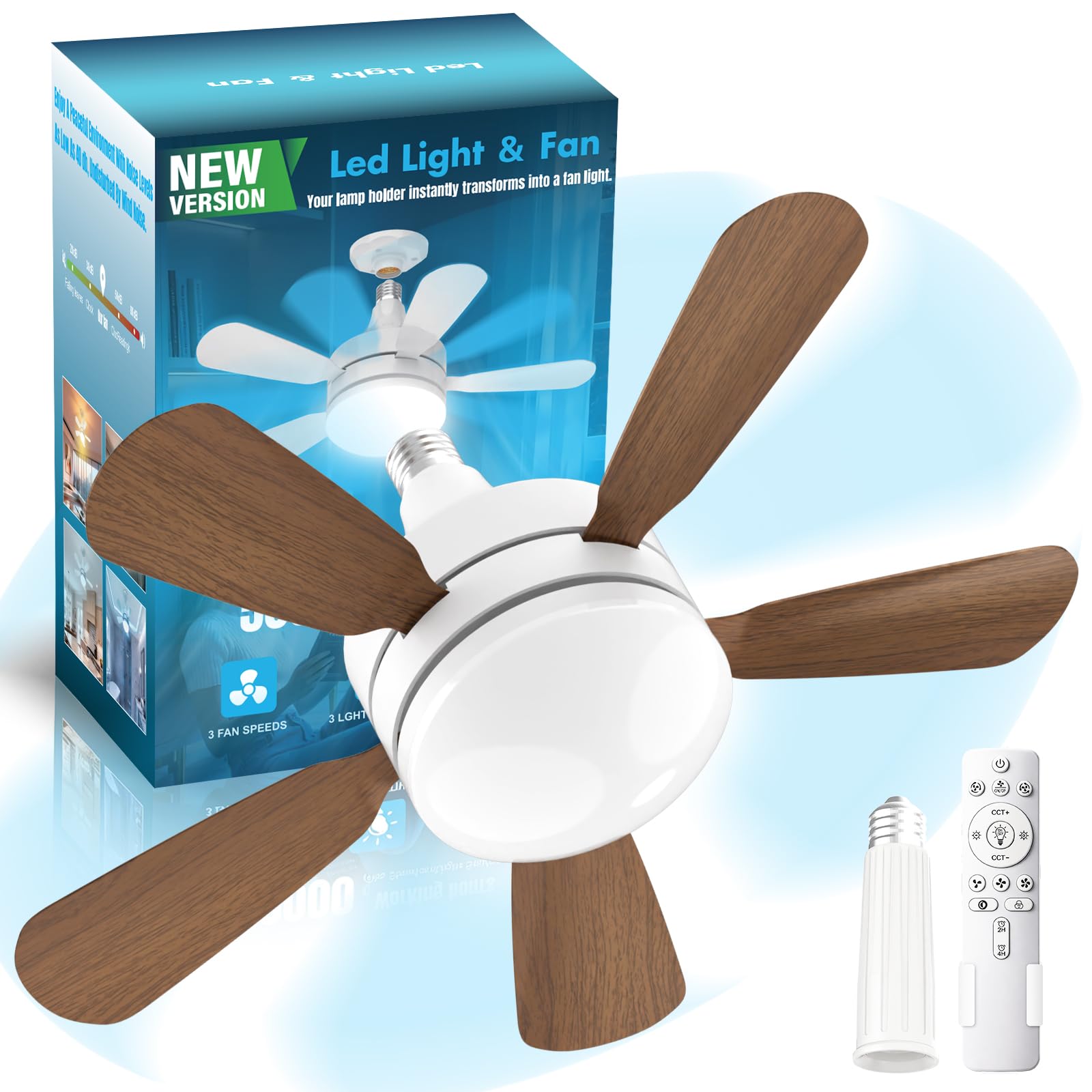 WZZIW 17.7" Socket Fan Light, E26/E27 Light Bulb Fan with Reversible Motor, 3000 Lumens Small Ceiling Fans with Lights and Remote, Dimmable 3000K-6500K for Bedroom Kitchen Living Room Garage