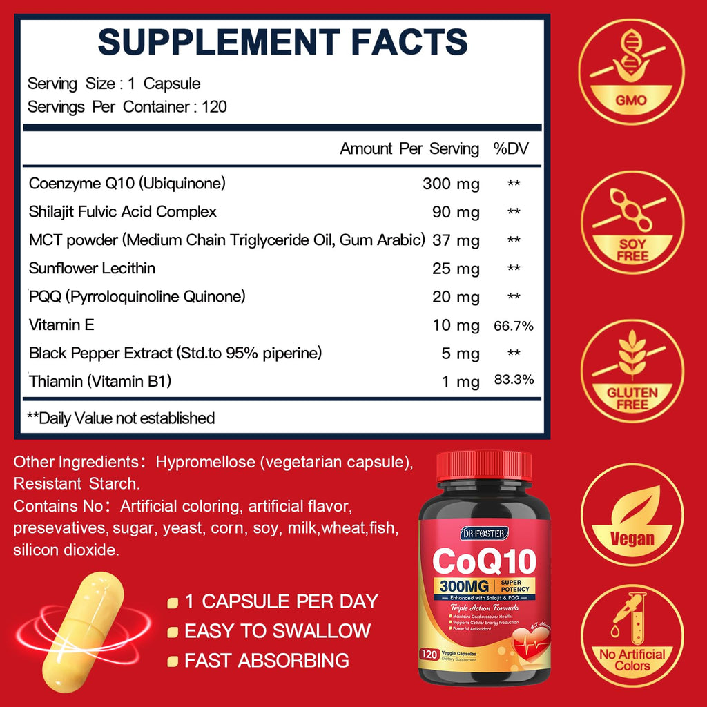 Quinovit CoQ10 300mg with PQQ & Shilajit - Powerful Antioxidant for Heart & Brain Health and Energy Production - High Absorption with Bioperine Coenzyme Q10 Supplements - 120 Capsules