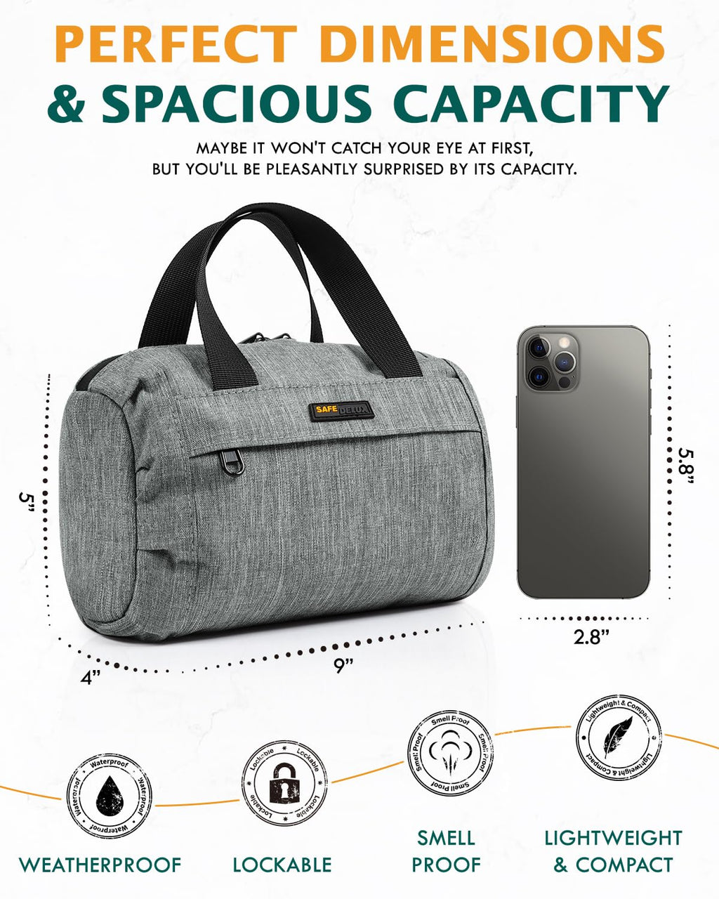SafeDelux Smell Proof Bag with Combination Lock, Odorless Activated Carbon Fiber Smell Proof Container, Portable Stash Box for Travel, Home, Office & Gifts (Grey)