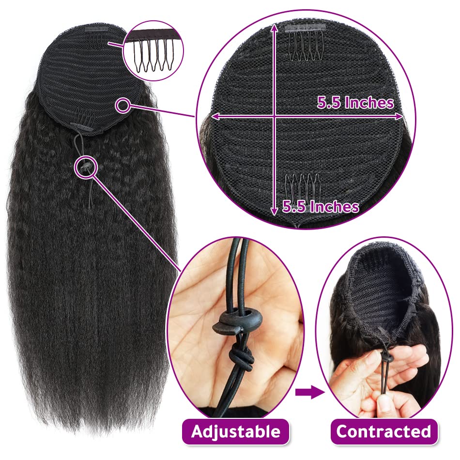 Kinky Straight Ponytails Human Hair 10A Grade Drawstring Ponytail Extension Yaki Straight Clip in Pony Tail for Black Women Natural Black Hair Pieces (18 Inches)