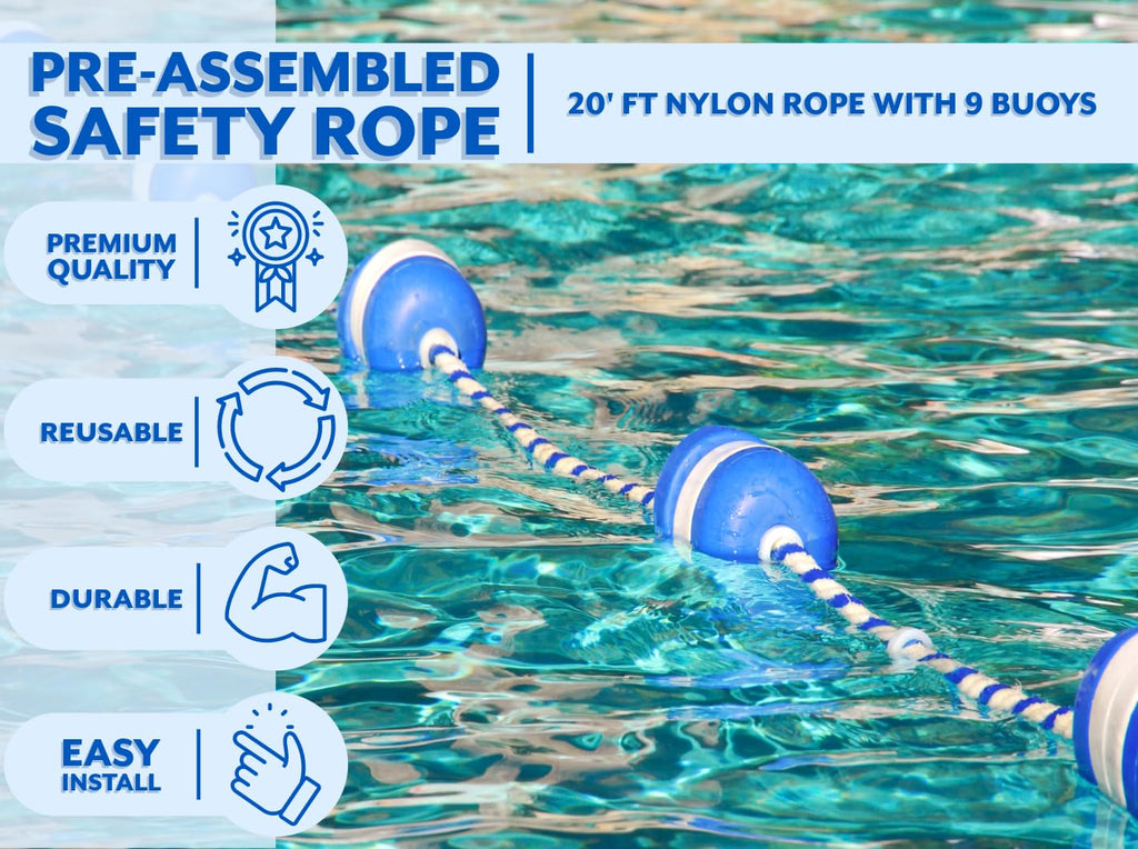 Poolzilla 20ft Swimming Pool Safety Rope and Float Kit Pre-Assembled Shallow End Divider with Stainless Steel Hooks