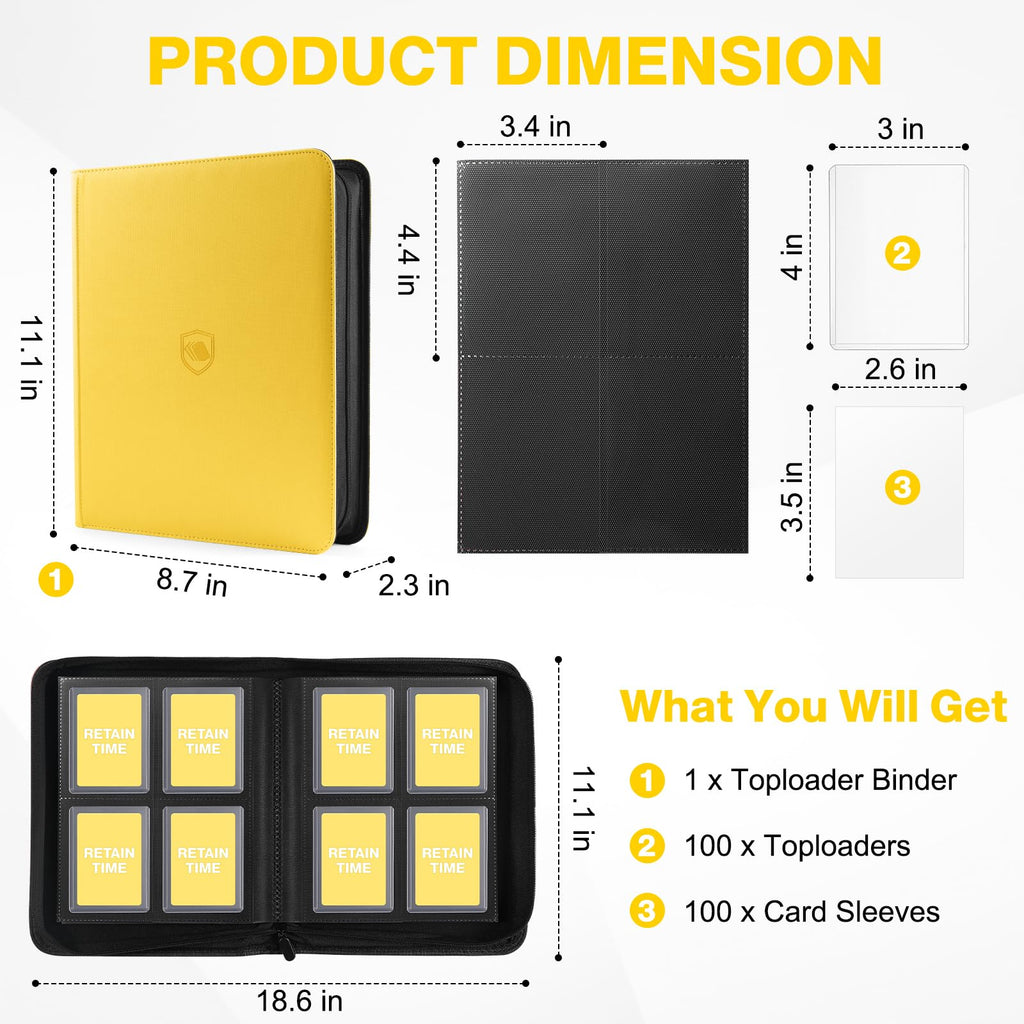 Toploader Binder, Holds 160 Toploaders, 100 Toploaders Included, 4-Pocket PU Cover Top Loader Binder for 3" x 4" Rigid Toploaders, Ringless Double-Sided Toploader Card Binder for TCG, Sport Cards