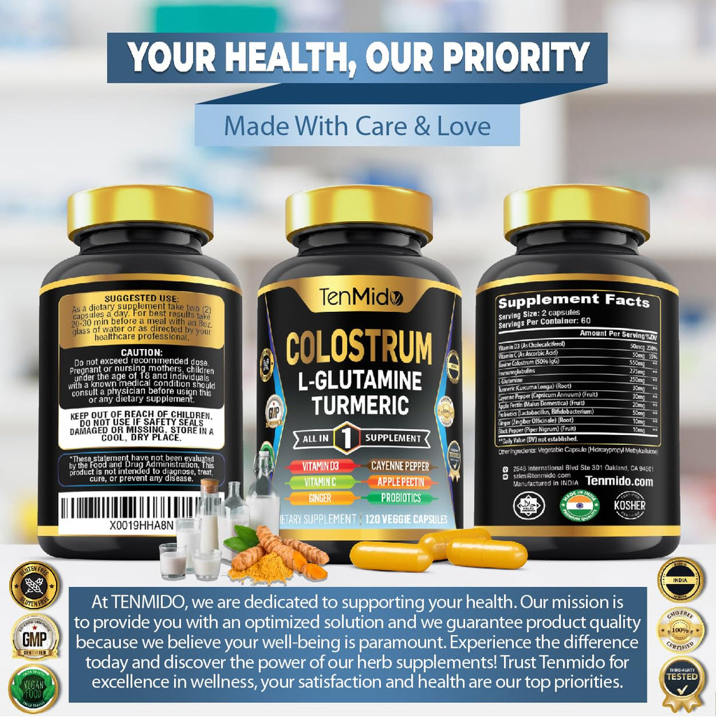 Tenmido Colostrum Supplement - 10in1 Formula - Combine with L- Glutamine, Turmeric, Cayenne Pepper, Apple Pectin, Probiotics, Ginger, and More - Digestive Health, Immune Support - 120 Capsules