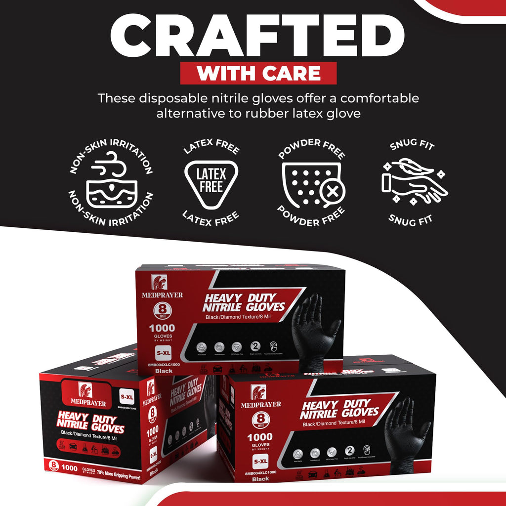 MEDPRAYER Industrial Nitrile Gloves – Heavy Duty Disposable Mechanic Gloves with Diamond Texture, Latex & Powder Free, 8 Mil Black 100 pcs S