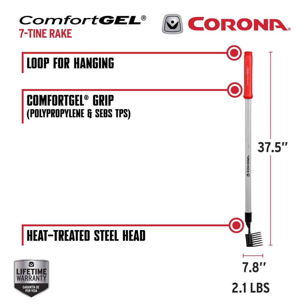 Corona Tools GT 3234 Reach 7-Tine Extended Rake, Silver,RED,Black