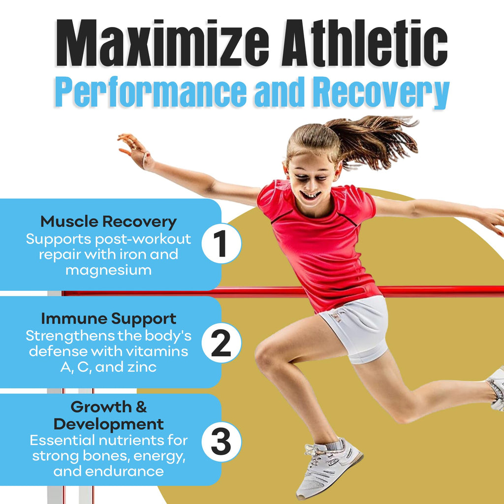 Youth Athletic Gummies – Kids Multivitamin Gummies with Essential Nutrients, Immune & Energy Support, Vegan & Gelatin-Free, Includes Vitamins A, C, B3, B12, Omega-3, Zinc – Ages 5-18