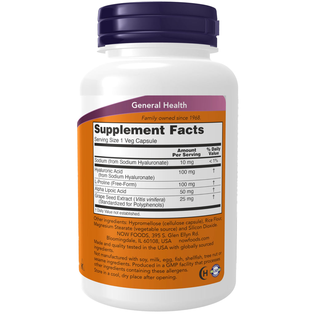 NOW Foods Supplements, Hyaluronic Acid 100 mg, Double Strength with L-Proline, Alpha Lipoic Acid and Grape Seed Extract, 120 Veg Capsules